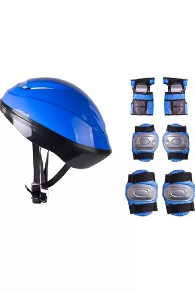 Men's Blue Helmet, Knee and Elbow Pad Protective Set