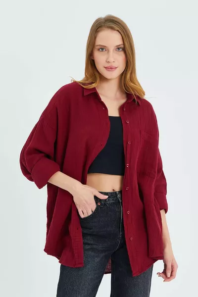 Chemise en mousseline oversize femme avec poches Bordeaux 