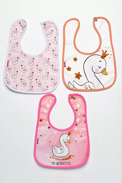 Bavaglino in microfibra a tema cigno, quadrato, 3 pezzi, con chiusura a scatto impermeabile, nella propria confezione