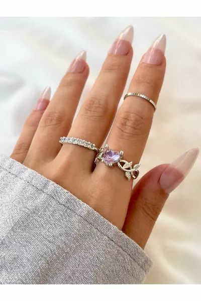 Women's Silver Color 3-Piece Pink Stone Leaf and Heart-Stone Knuckle Ring