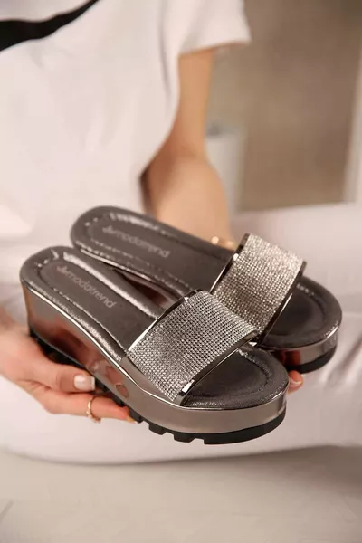 Dames Slippers met Hak en Steentjes Platinum Spiegel