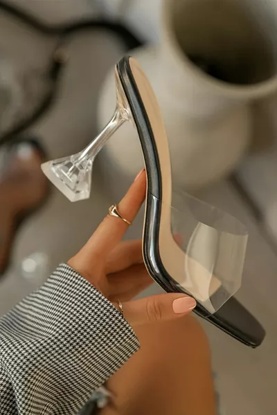 Dames Zwarte 8 cm Transparante Hakken Stiletto Sandalen met Vierkante Neus