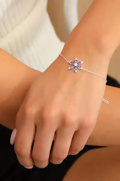  Sterling Silver Chain Amethyst Teardrop Stone Camellia Lotus Flower Bracelet