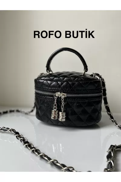 Borsa da donna Rofo Boutique Mini con catenella, chiusura a zip, da mano e a spalla, Luna Nero