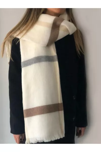 Women's White and Brown Striped Plaid Scarf