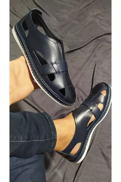 صندل رجالي صيفي كحلي من الجلد الطبيعي للداخل والخارج