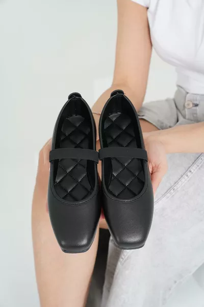 Ballerines quotidiennes en cuir noir avec élastique pour femme 