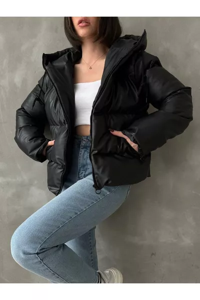 معطف نسائي أسود من الجلد المنفوخ