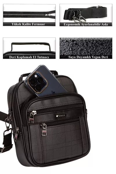 حقيبة كتف رجالية متوسطة الحجم من الجلد الأسود مع تقسيمات وحمالة قابلة للتعديل