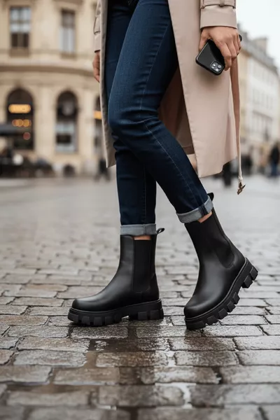 حذاء بوت يومي أسود من سنّي مع رباط جانبي وساعد سميك