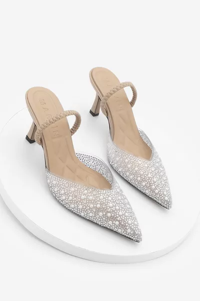 حذاء كعب عالي نسائي أنيق مفتوح من الخلف بطبعة حجرية ورأس مدبب لون لالا بيج