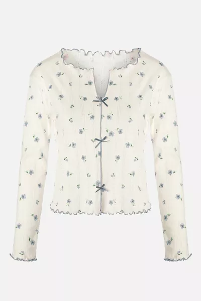 طقم بيجامة نسائي بأكمام طويلة من القطن باللون الأزرق مزخرف بالزهور مع تفصيل شريط وخياطة أوفرلوك