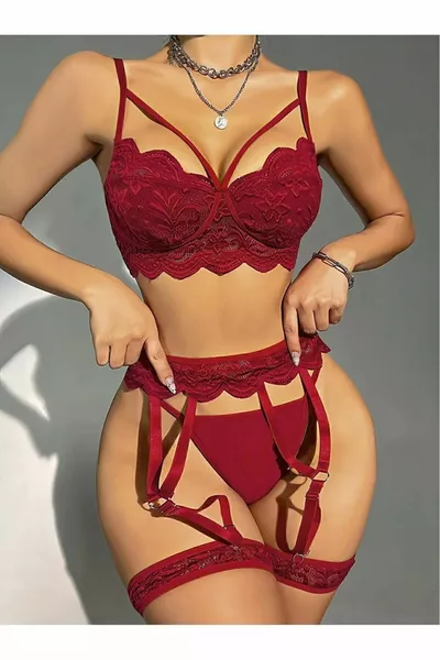 Ensemble féminin chic et élégant de lingerie ouverte en dentelle fantaisie 5 pièces bordeaux