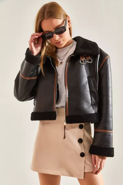 جاكيت نسائي بياقة وحزام مبطن