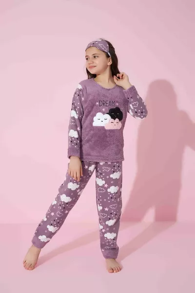 Girl Teen and Child Cloud Pattern Long Sleeve Fleece Plush Winter Warm Pajama Set