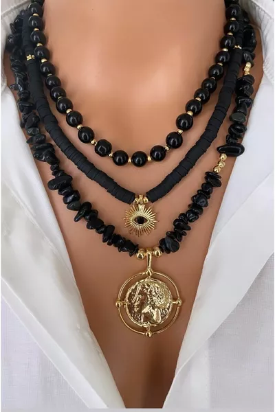 3 عقود مطلية بالذهب بأحجار طبيعية، عقيق أسود، قلادة عتيقة مطلية بالذهب بتصميم نسائي