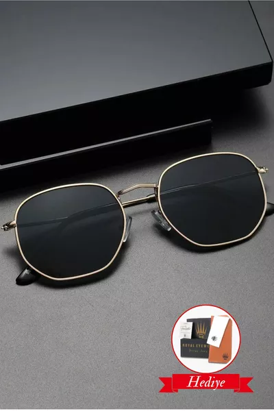 Hexa Round Gold Black Unisex Sunglasses