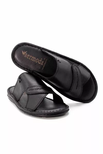 شبشب جلد طبيعي للرجال، شبشب خفيف من الجلد باللون الأسود