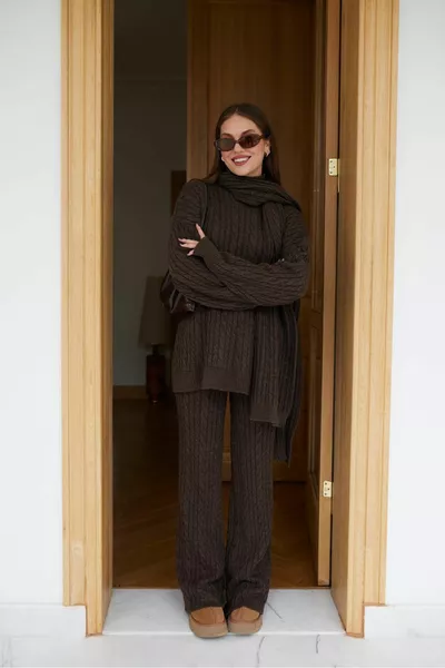 Brown Sweater and Pants Set with Braid and Scarf Detail