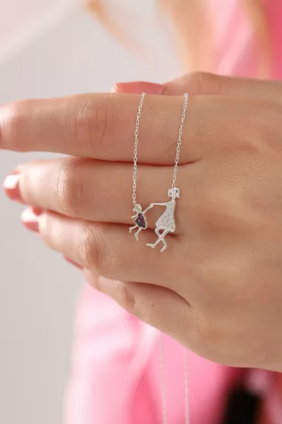 Women's  Sterling Silver Chain with Zircon Stone Mother-Child Love Necklace