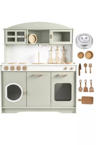 Зелен дървен комплект за игра на кухня с LED, комплект от 9 части за сервиране