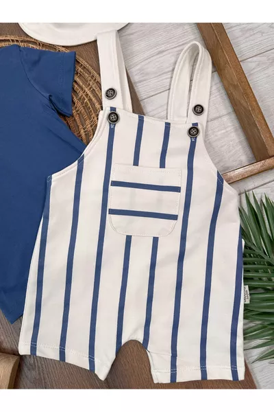 طقم صبي صيفي ببدلة بأزرار على الكتف وقبعة سفاري مخططة