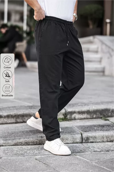 Pantalon relax en mélange de lin pour hommes, couleur noire - NOIR