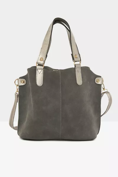 Borsa da donna grigia in nabuk con tre scomparti e chiusura a scatto 