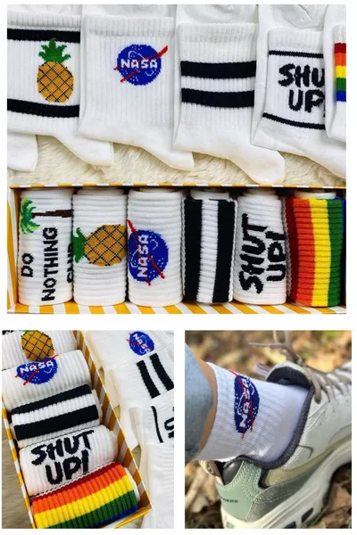 جوارب رجالية ونسائية، جوارب طويلة، جوارب ملونة مزخرفة، 6 قطع