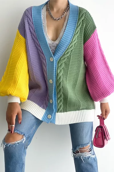 كارديغان نسائي تريكو واسع الحجم بألوان متعددة ونمط كتل فضفاض