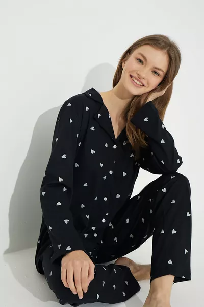 Black and White Heart Print Cotton Button-Up Pajama Set