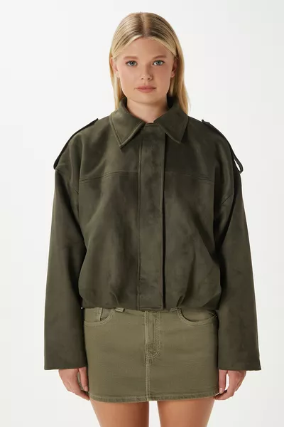 Women's Rodney Suede-Look Khaki Bomber Jacket