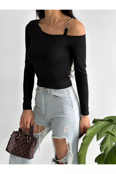 بلوزة قصيرة نسائية من قماش الغوص باللون الأسود مع كتف واحد وأكمام طويلة وحلقة