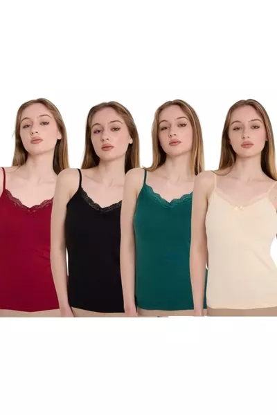 طقم 4 قمصان داخلية نسائية بحمالات رقيقة ودانتيل