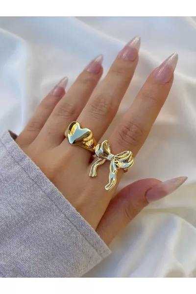 Women's Gold Color Adjustable 2-Piece Bow Heart Ring