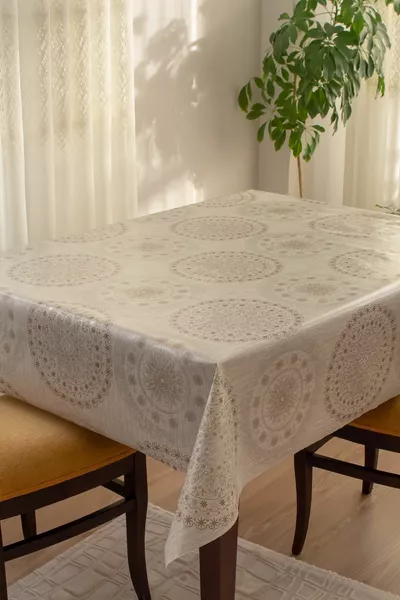 Lined, Wipeable, Hygienic Ottoman Pattern Oilcloth PVC Tablecloth .e