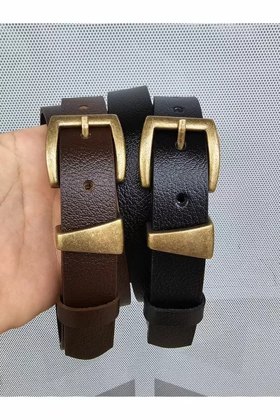 % Genuine Leather Antique Buckle Black-Dark Brown 2-Piece Belt Set