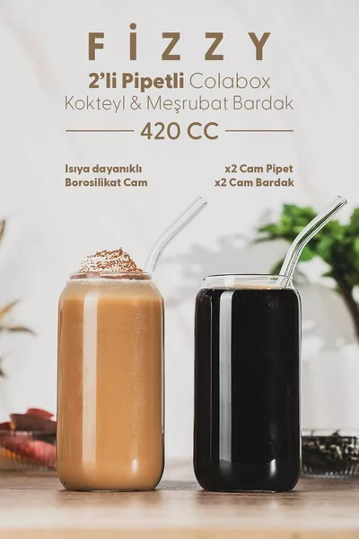 Fizzy 2-delige Colabox-beker van hittebestendig borosilicaatglas met rietje voor cocktails en frisdrank CC