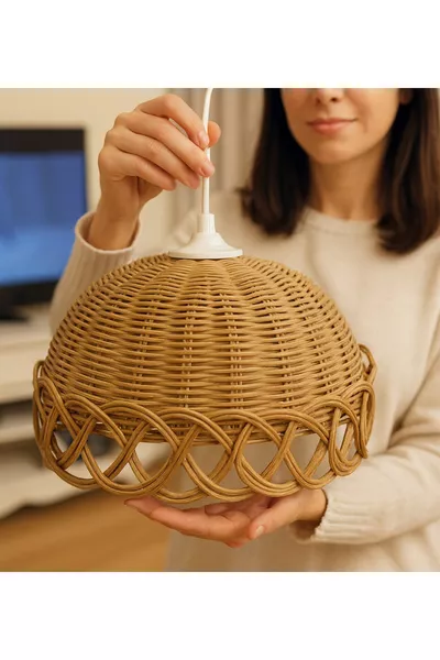 Bohem Rattan Bambu Hasır Avize Çap cm Açık Krem Renk