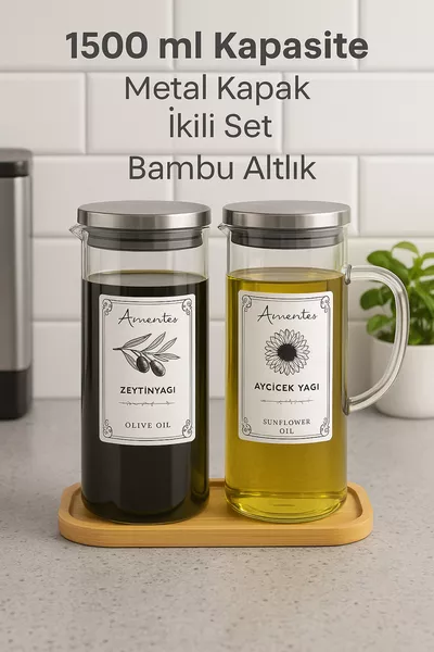 Set of 3: 2 Glass Oil Dispensers with Steel Lid and Vacuum, 1 Coaster, Oil Dispenser Label Gift