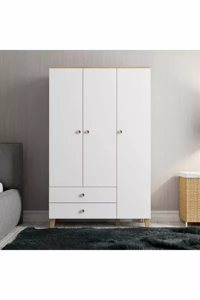 خزانة ملابس  فينتو بثلاثة أبواب مع سلة - أبيض