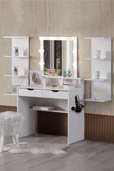 طاولة مكياج مع مرآة مضيئة LED وخزانة أدراج من ديفا هوليوود ورف قابل للتثبيت على الحائط باللون الأبيض