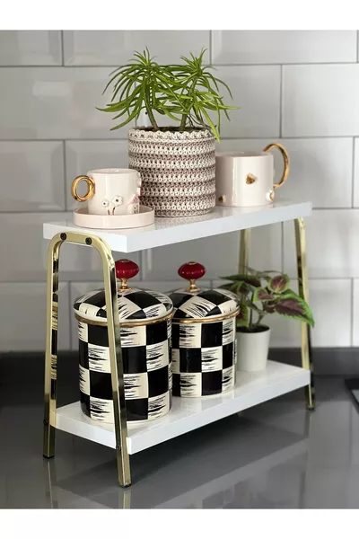 Mensola da cucina dorata e bianca, mensola da banco, mensola angolo caffè, mensola da bagno, porta spezie