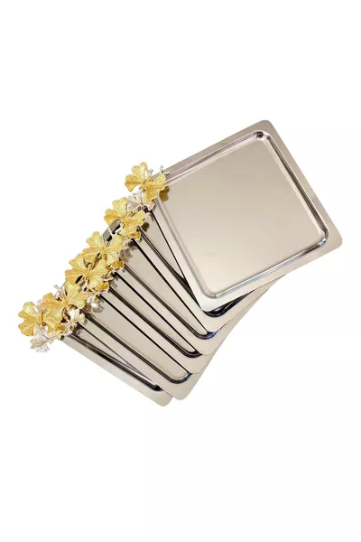 صينية تقديم قهوة فاخرة من الفضة مربعة 6 قطع | مع إكسسوارات فراشة من الفولاذ المقاوم للصدأ للقهوة والشاي والتزيين