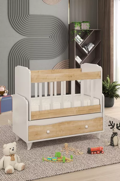 سرير أطفال MODİMOB من خشب البلوط قابل للتأرجح والتثبيت مع درج بجانب الأم
