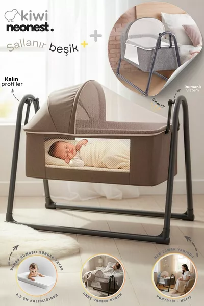 سرير محمول للرضع على جانب الأم مع شبك وغطاء، يهتز. مصنوع من الكتان.