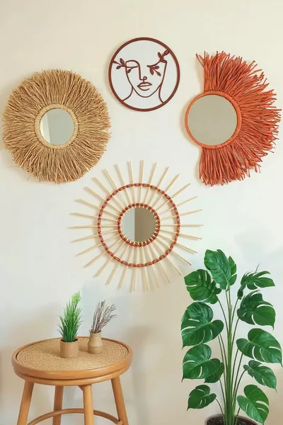Керемиден, бохемски рафия, бамбук, огледало Комплект от 4 - Ръчно изработена естествена стенна декорация