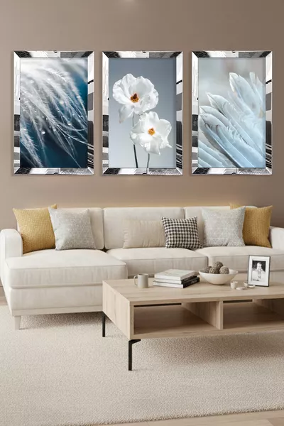 Комплект MDF картини с три рисунки, с колажна рамка от плексиглас и сребристо огледало