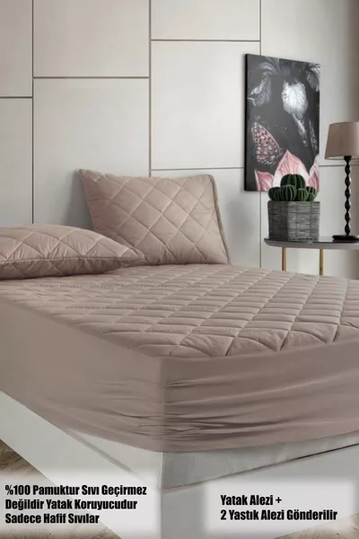 Pamukkale Alez Set Bruin % Katoen Gewatteerde Matrasbeschermer Alez - 2 Stuks Kussenbeschermer ( Maten)