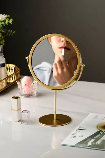 Miroir de table métallique rond doré rotatif ,5 cm d'un côté sr